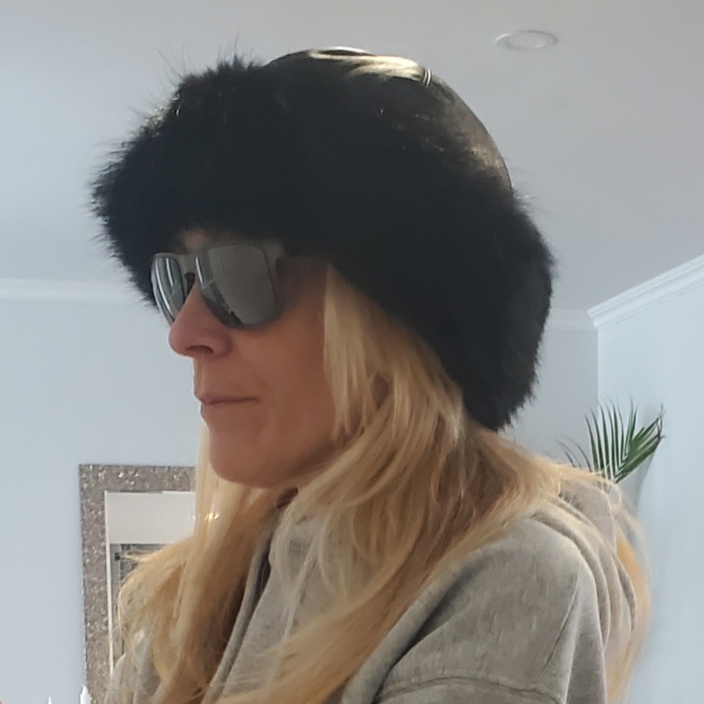 Black Fox Fur & Leather Cloche Hat Adjustable 1 Size